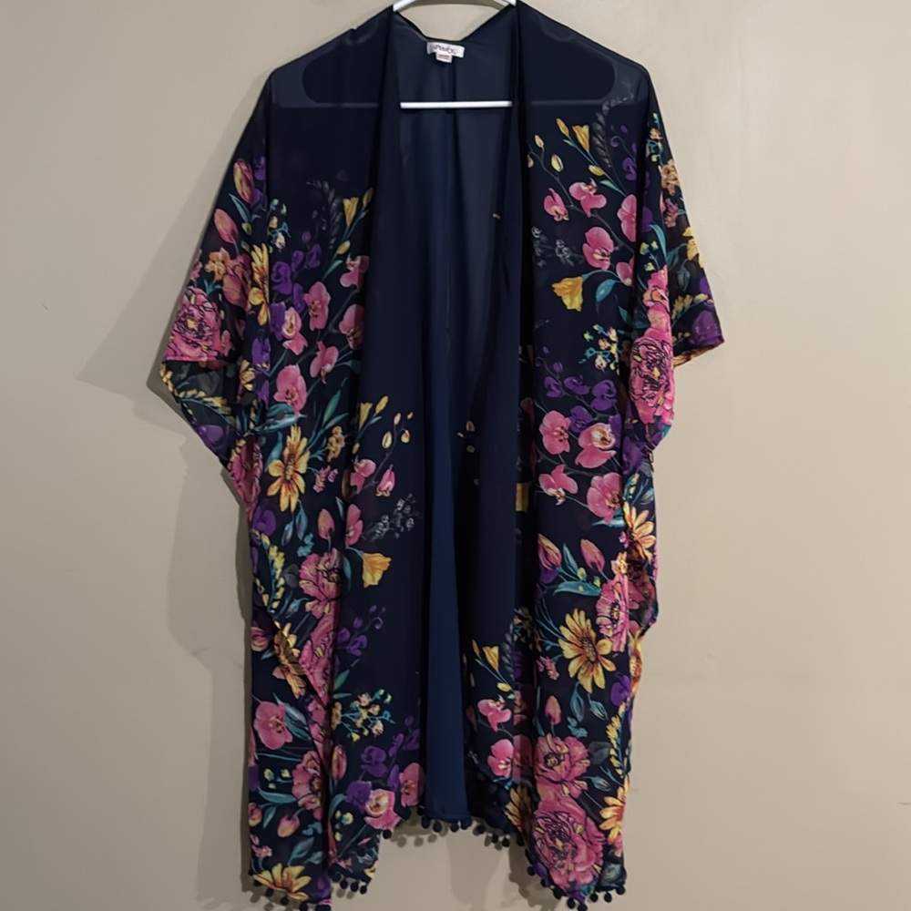Pinky Navy Blue Sheer Kimono Women's One Size Floral, Beach, Vacation, Summer - Picture 2 of 8